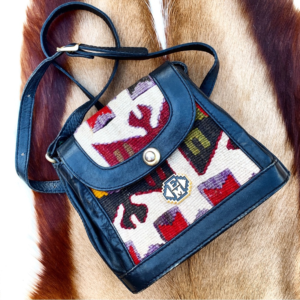 EM MAY turkish rug kilim wool crossbody handbag bag purse unique leather OS